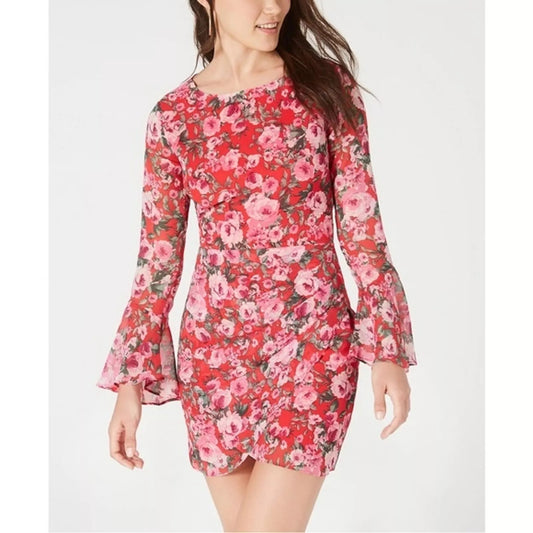 B. Darlin Floral Long Sleeve Bell Sleeve Open-Back Bodycon Mini Dress Red 10