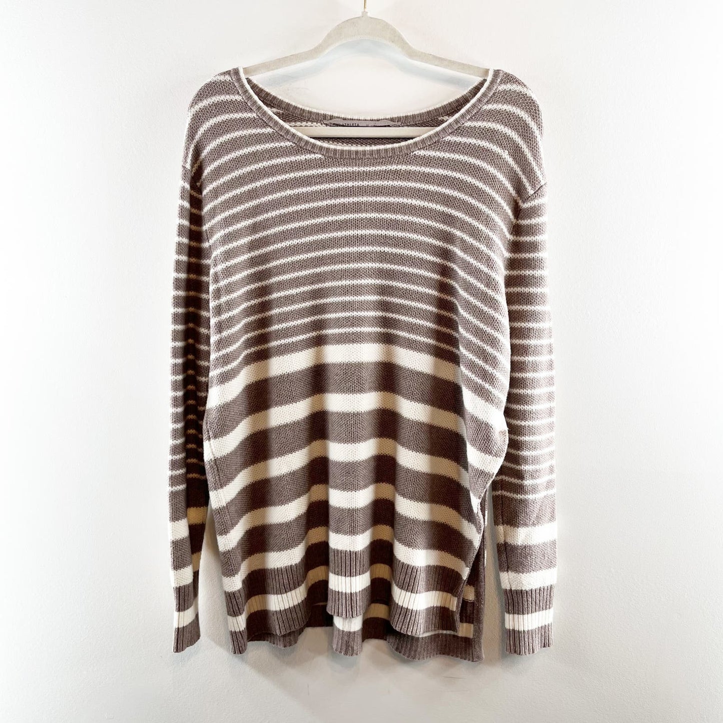 Athleta Wool Blend Striped Long Sleeve Crewneck Pullover Sweater Brown Cream M