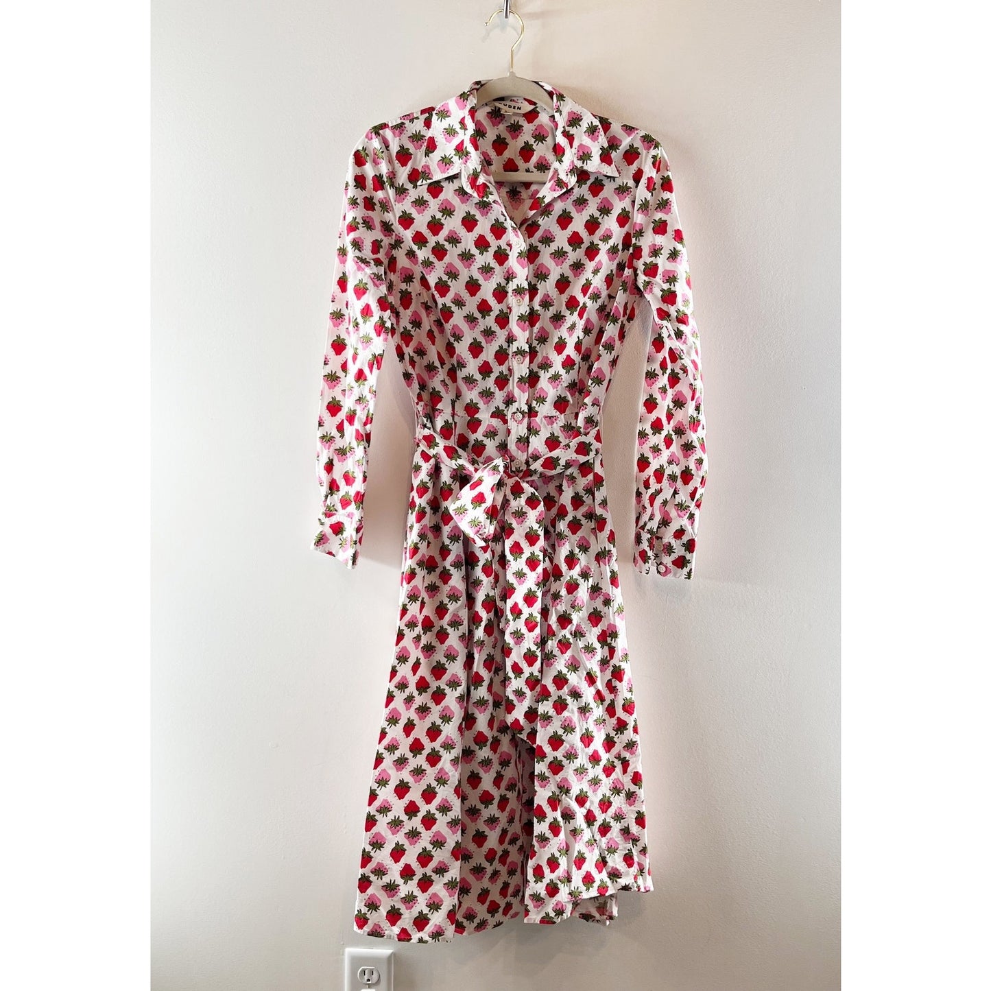 Boden Amy Cotton Strawberry Pop Midi Shirt Dress White Pink Red 8