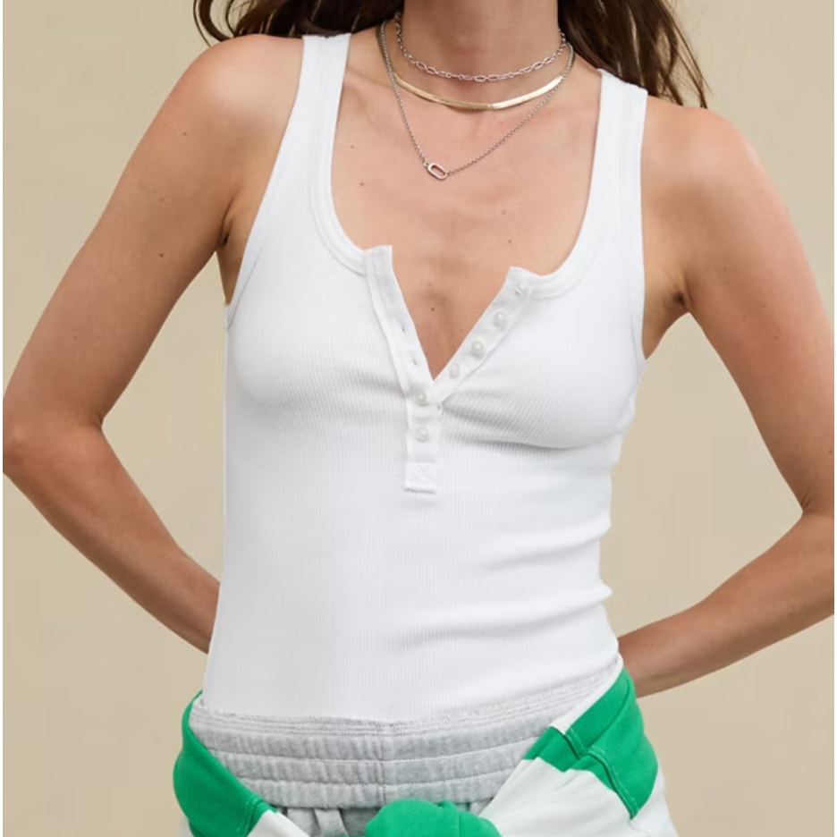 Aerie Tuck it In Ribbed Henley Tank Top White Small