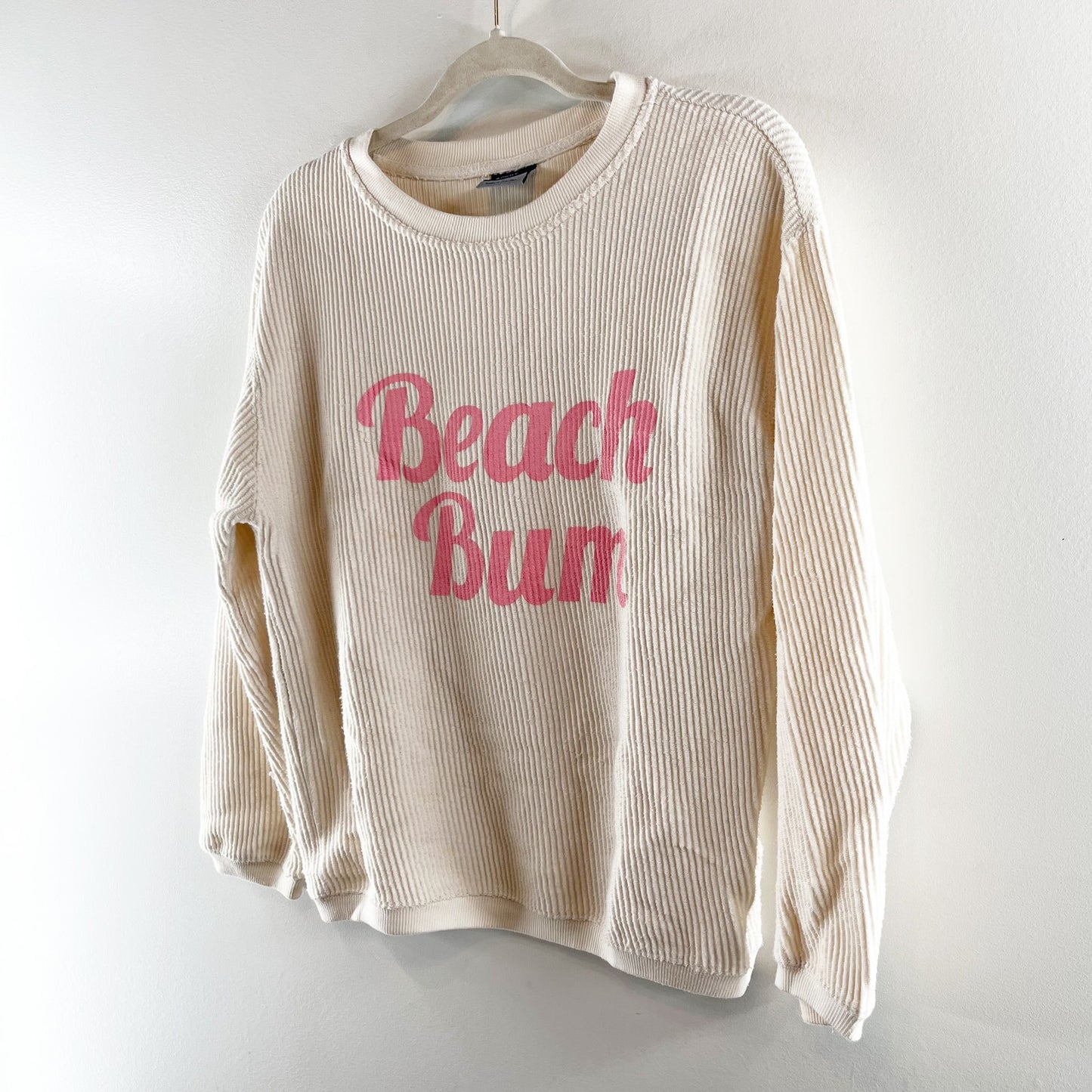 Beach Bum Corded Long Sleeve Crewneck Pullover Sweatshirt Cream Pink Small