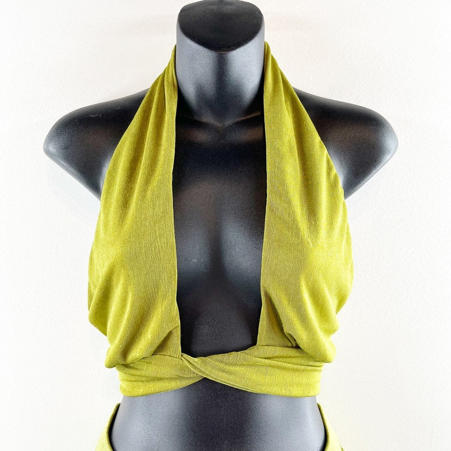 Peppermayo Wrap Tie Crop Bra Top and High Rise Flare Pants Matching Set Green 6