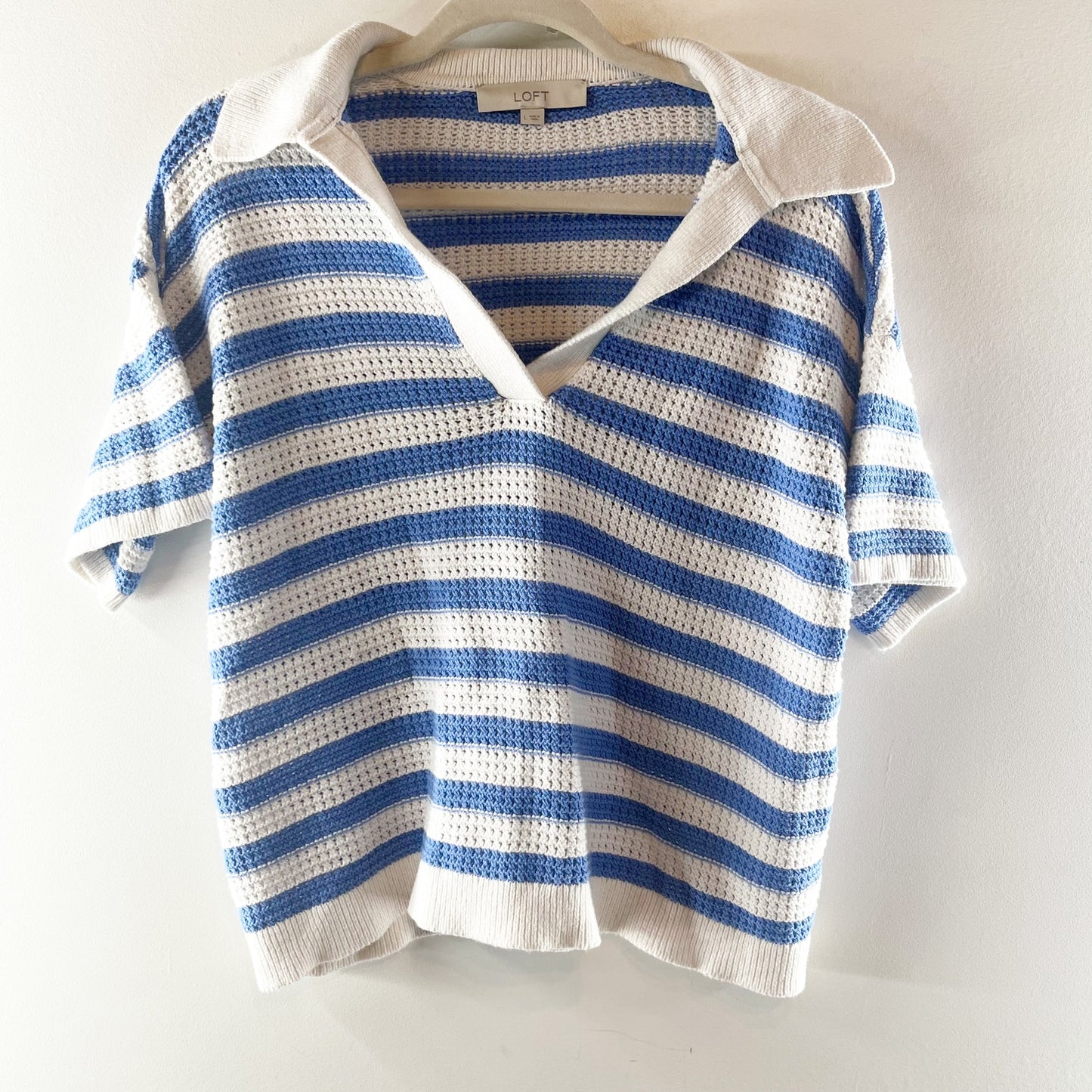 LOFT Striped Short Sleeve Collared Knit Pullover Sweater White Blue Large