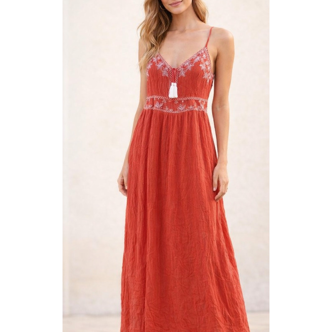 Japna Embroidered Tassel Tie Front Maxi Dress Coral Red Medium