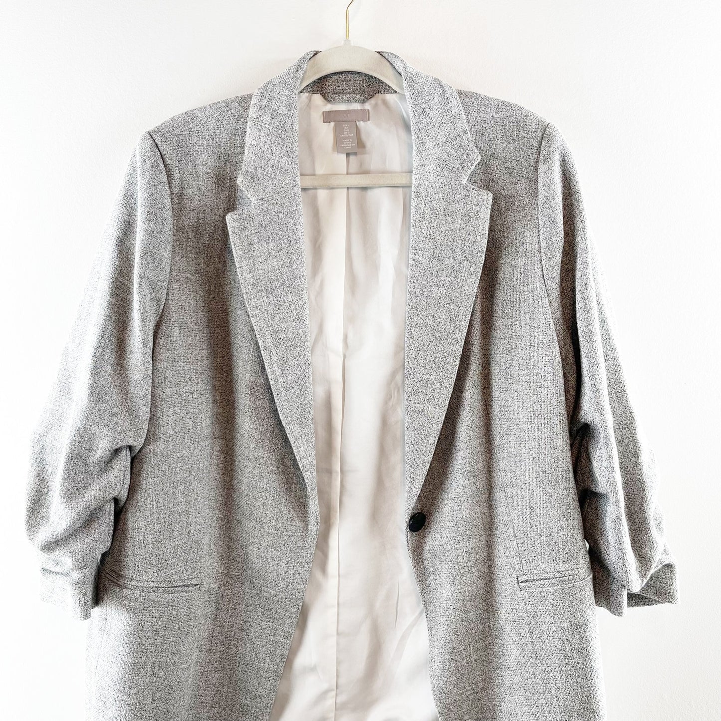 H&M Gathered 3/4 Sleeve Single Button Blazer Jacket Gray Large