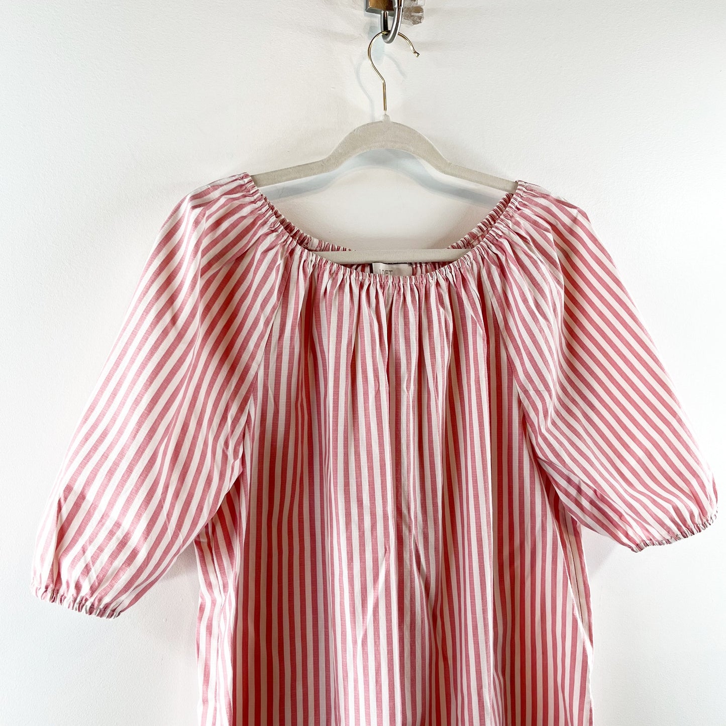 LOFT Off The Shoulder Puff Short Sleeve Blouse Top Striped Pink White Large