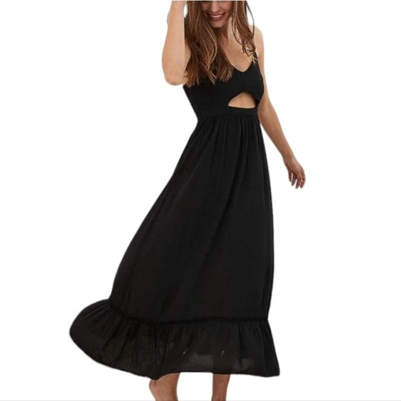 Aerie Maxi Cutout Tiered Dress Black XL