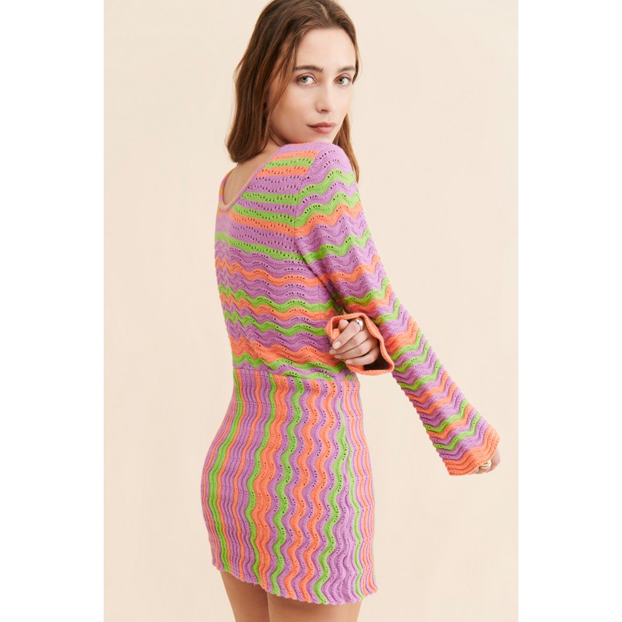 The Wolf Gang Lucid Striped Long Sleeve Mini Knit Dress Pink Green Small