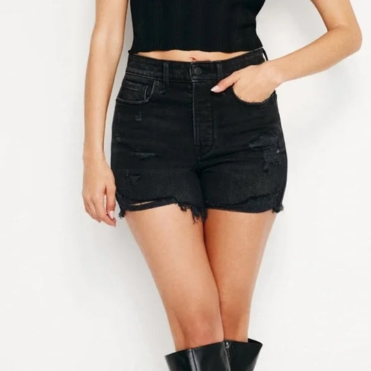 Good American High Waisted Distressed Bombshell Jean Shorts Black 10 / 30