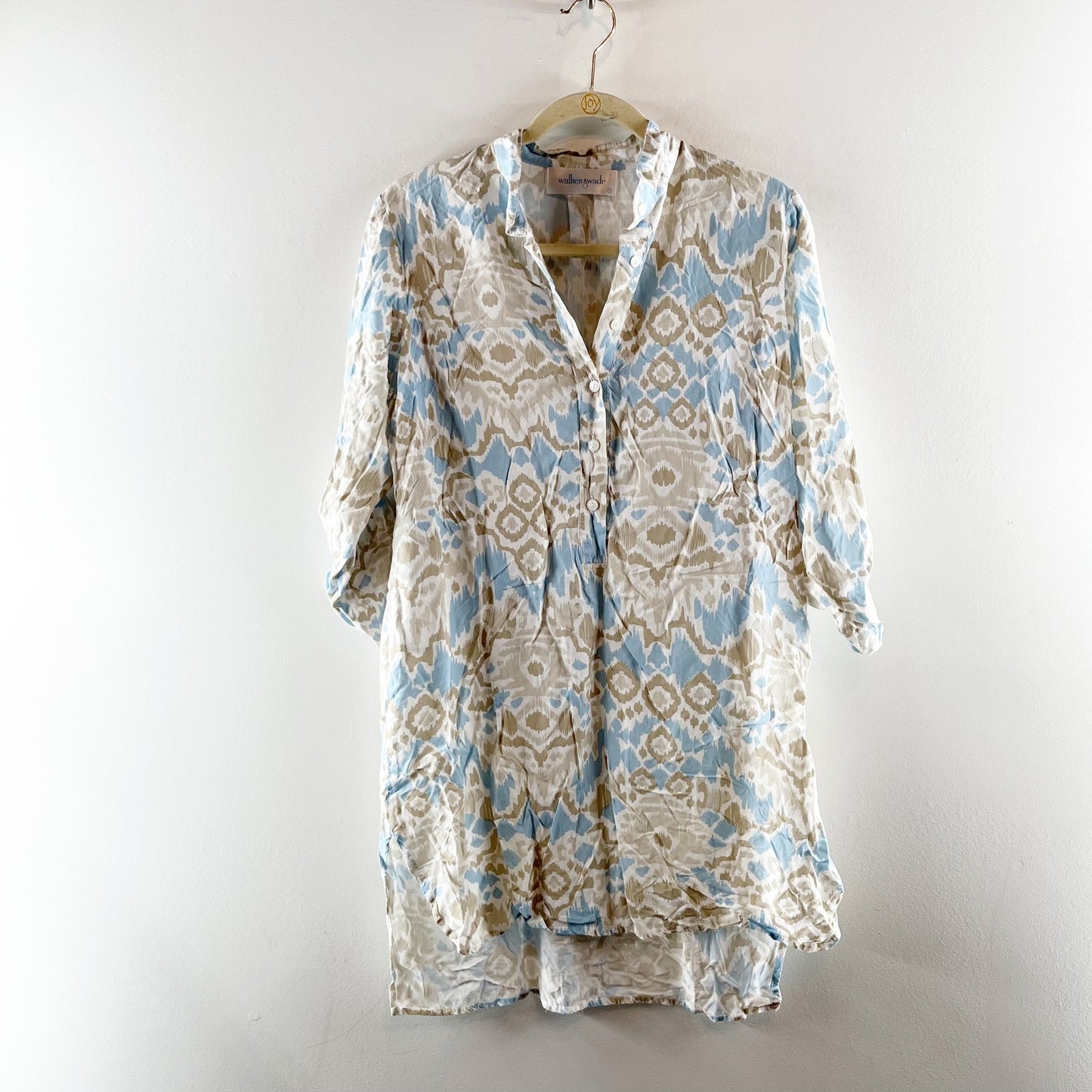 Walker & Wade Day Tripper Hi-Low Shirt Dress Sand and Sea Ikat Blue Cream Small