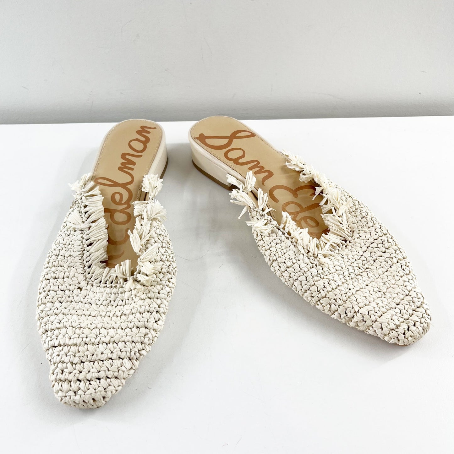 Sam Edelman Reeta Raffia Fringe Boho Square Toe Mule Loafer Cream 10