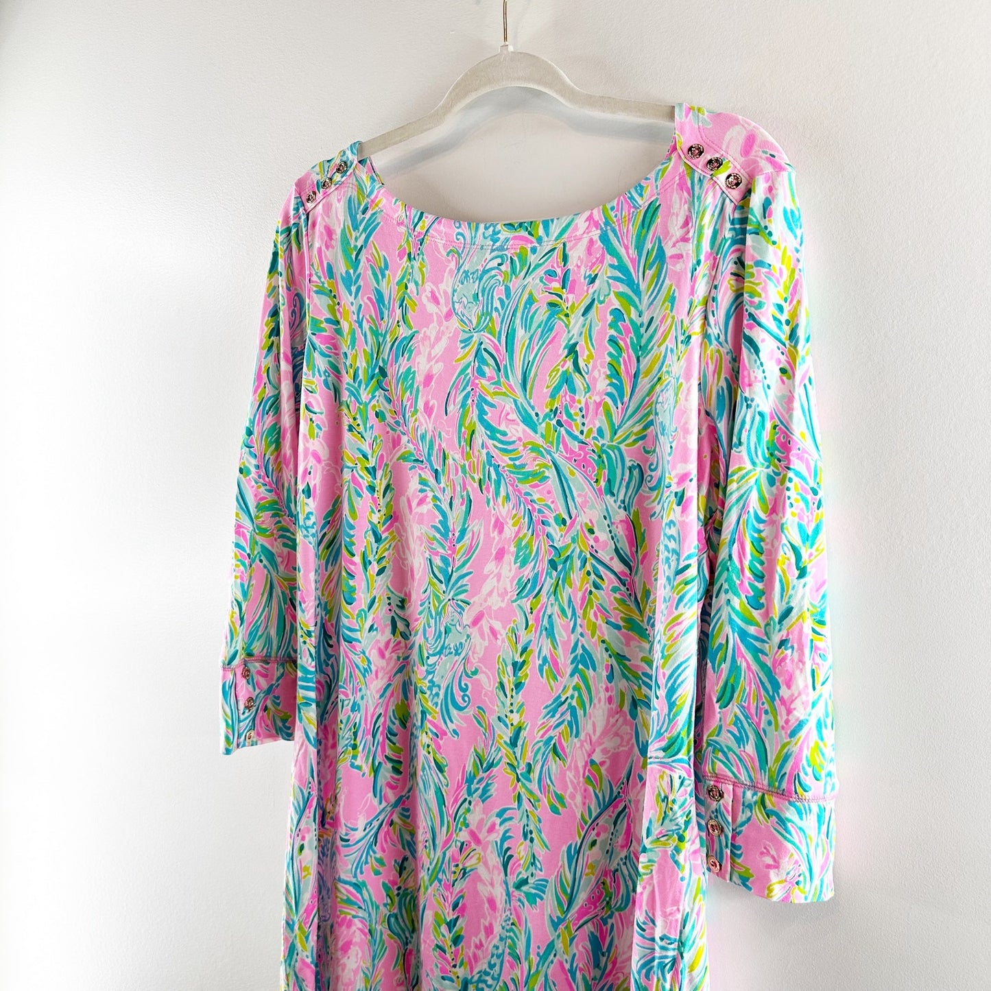 Lilly Pulitzer Sophie 50 UPF 3/4 Sleeve Shift Jersey Mini Dress Blue Pink XL