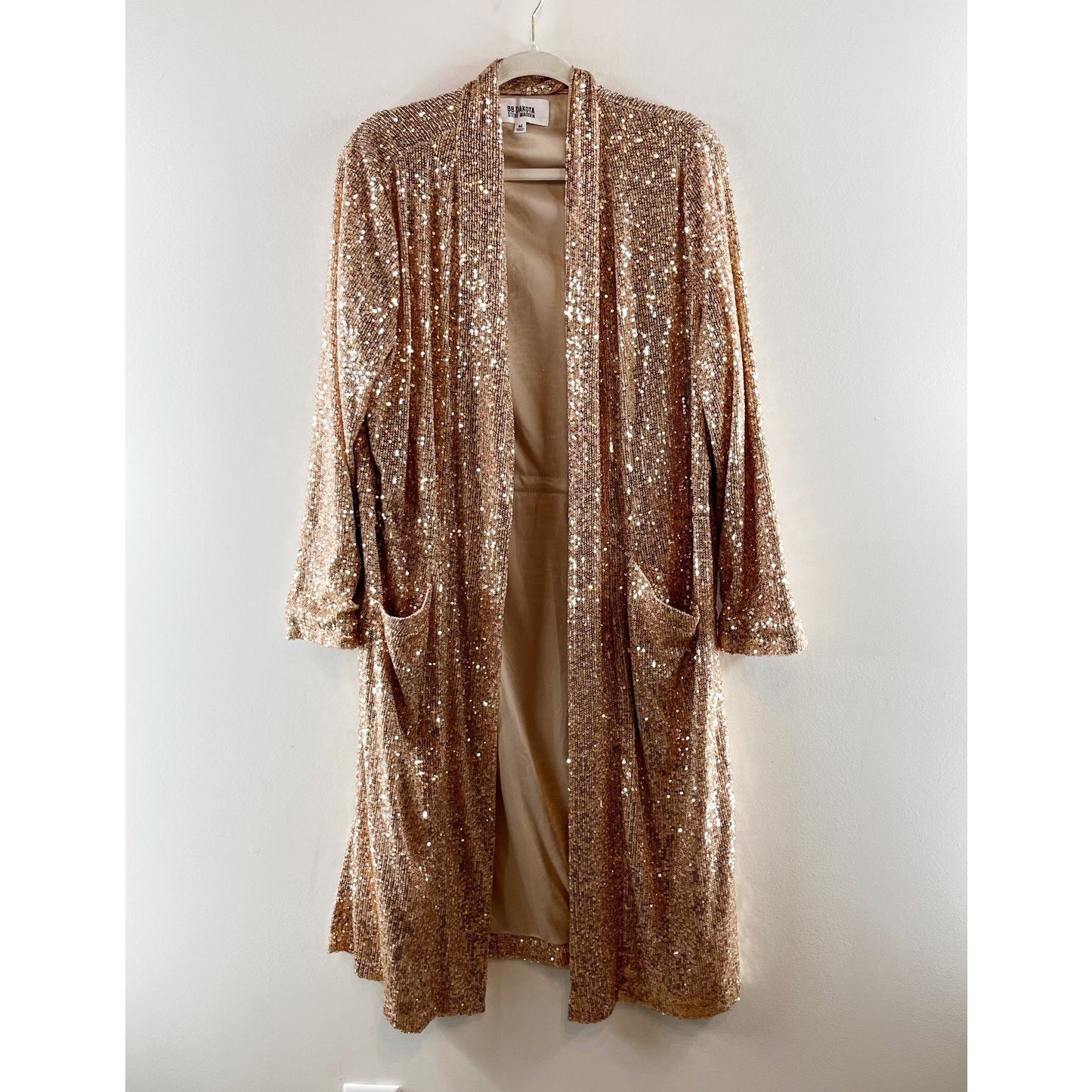 BB Dakota Steve Madden Dulcinea Sequined Duster Open Front Gold Medium