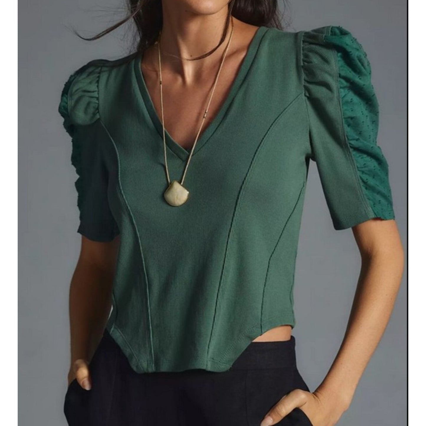 Anthropologie Structured V Neck Puff Sleeve Top Green XS Petite