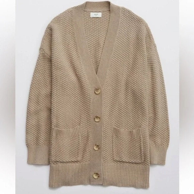 Aerie Oversized Varsity Textured Button Up V Neck Cardigan Sweater Oatmeal Tan M