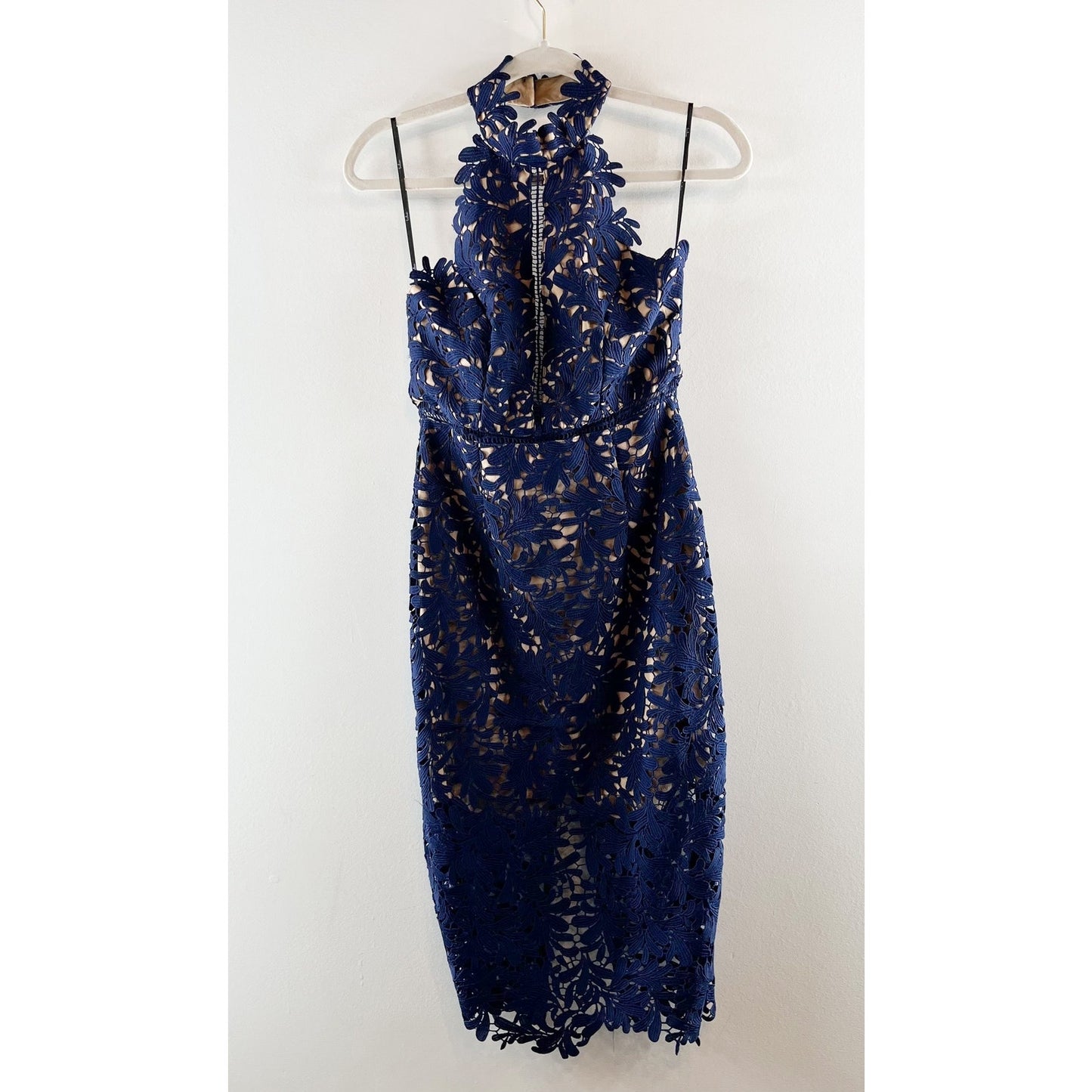 Lulus Divine Destiny Halter High Neck Lined Lace Midi Dress Navy Blue Medium