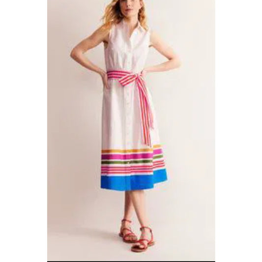 Boden Kate Sleeveless Belted Midi Shirt Dress White Red Blue 8
