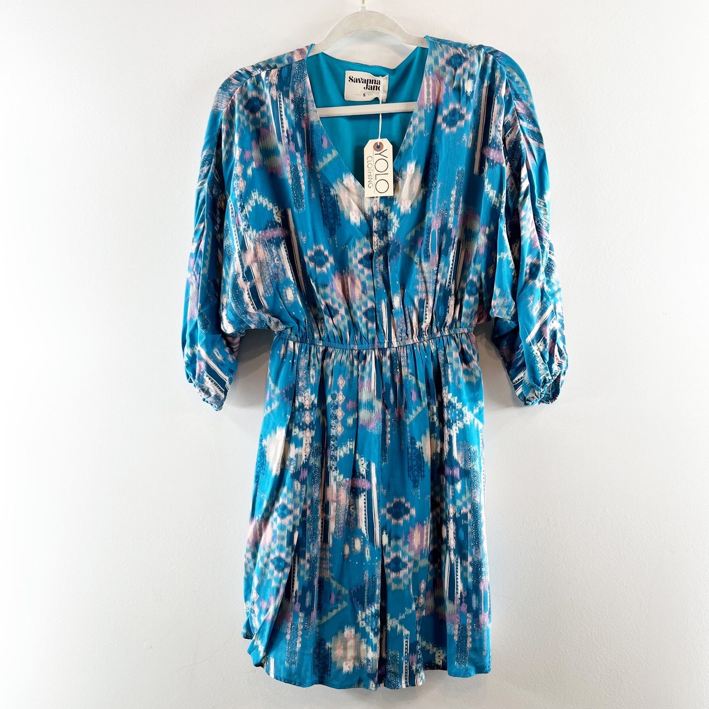 Savanna Jane Printed 3/4 Sleeve Peasant Mini Dress Teal Blue Small