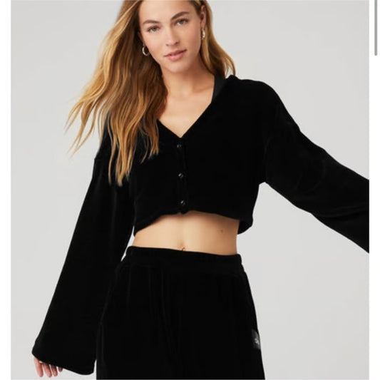Alo Yoga Chenille Chalet V-Neck Cropped Cardigan Sweater Black XS