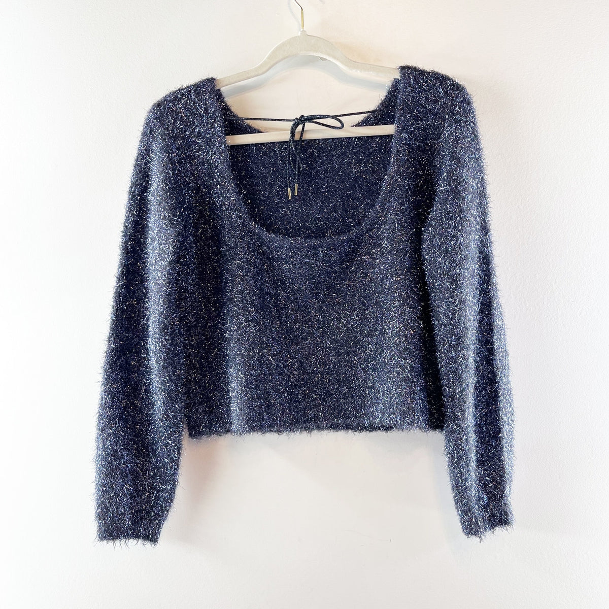 Anthropologie Long Sleeve Scoop Back Eyelash Sweater Navy Blue Small