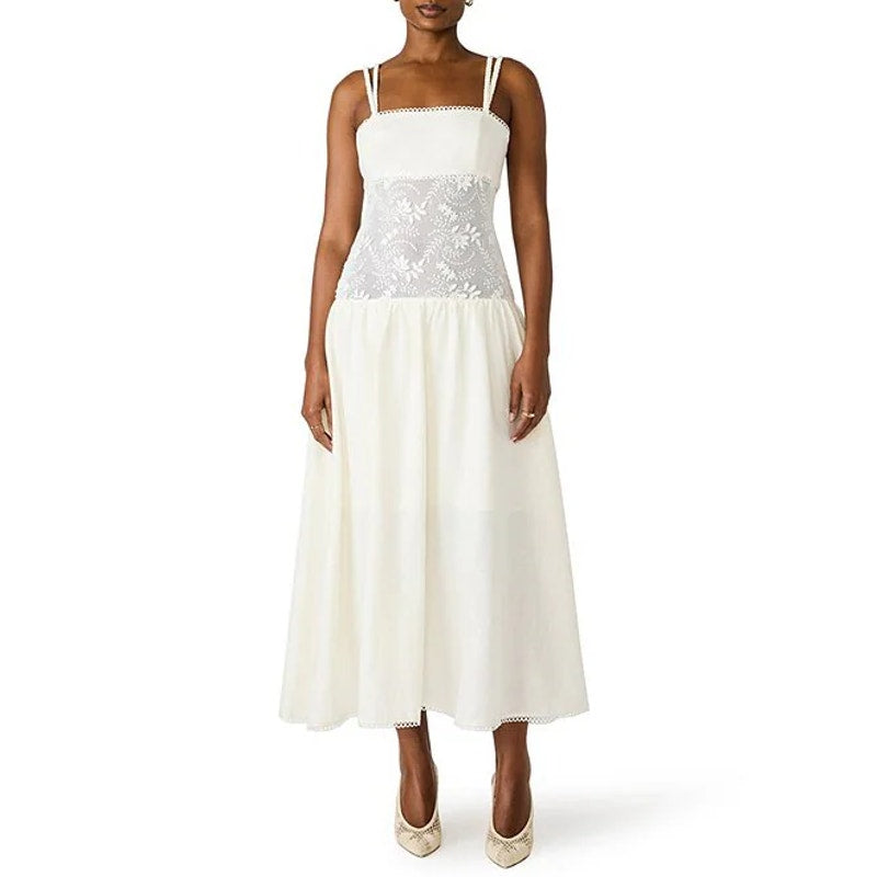 Steve Madden Enza Sleeveless Lace Trim Drop Waist Midi Dress Antique Cream 6