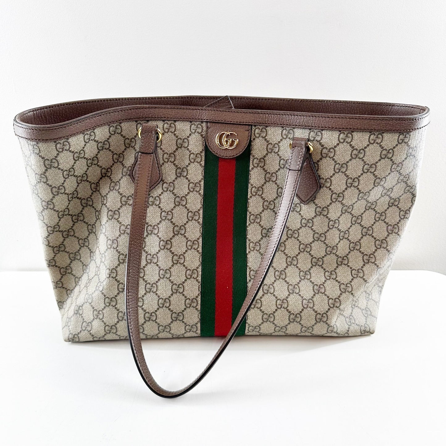 Gucci Ophidia GG Web Stripe Medium Tote Bag Beige Tan and Ebony