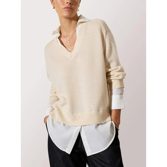 Brochu Walker Looker Long Sleeve Collared V-Neck Sweater Almond Cream Small