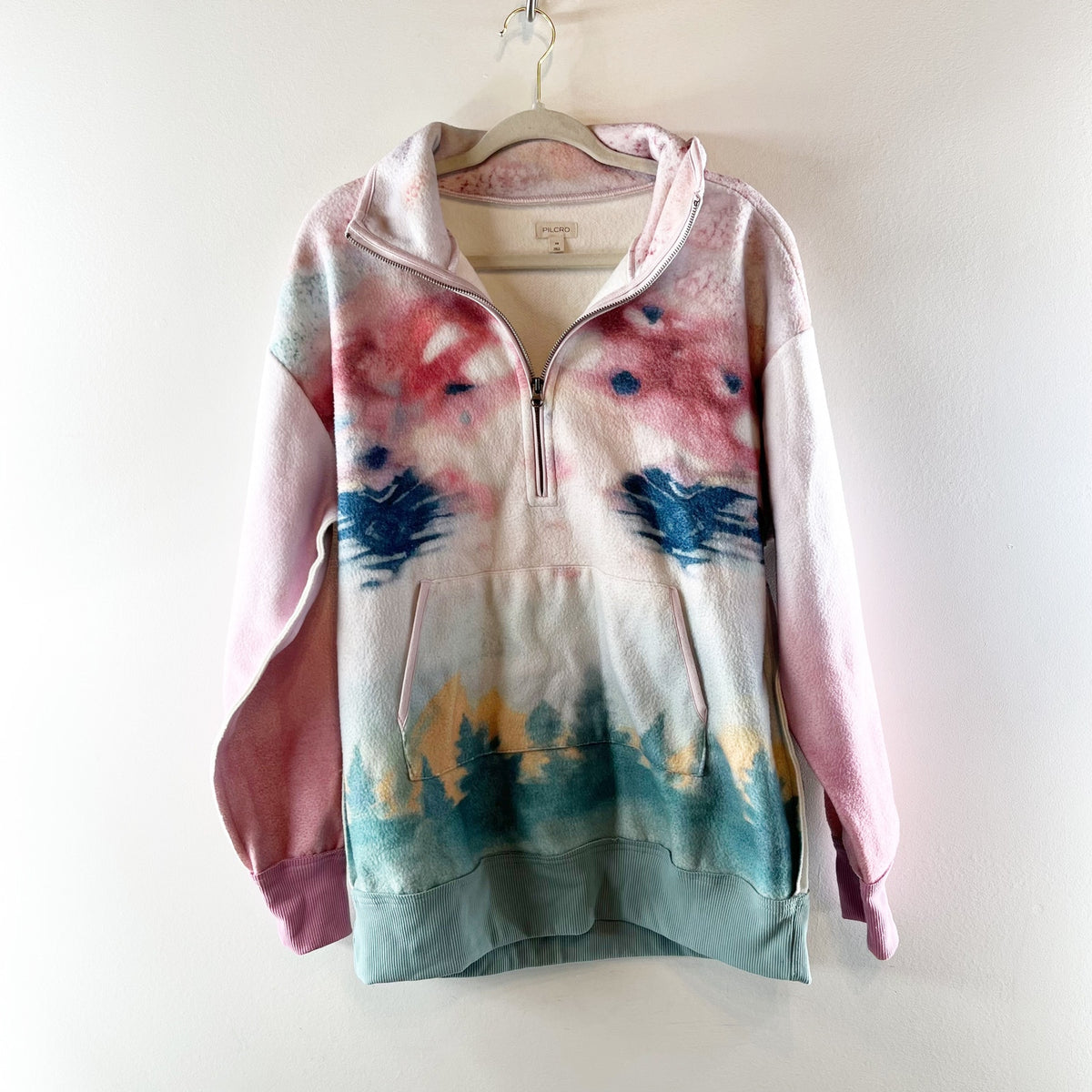 Pilcro Half Zip Pullover Fleece Sweatshirt White Pink Green XS