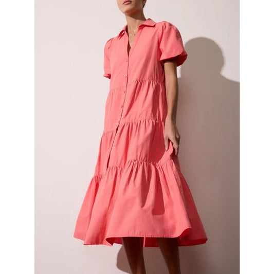 Brochu Walker Havana Tiered Short Sleeve Midi Shirt Dress Coral Pink Large