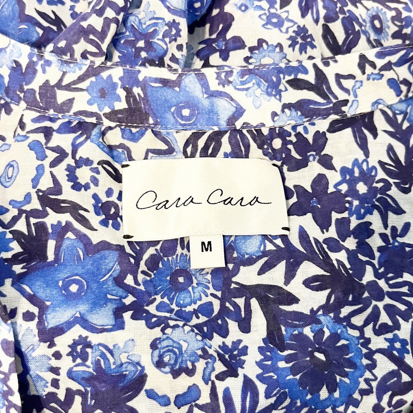 Cara Cara Perrin Floral Button Up Tie Hem Top Blouse Blue Medium