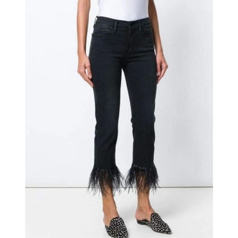 Frame Denim Le High Straight Feather Hem Cropped Jeans Ludlow Black 26 / 2