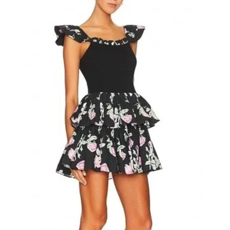 LoveShackFancy Sanam Ruffle Tiered Floral Mini Dress Black 10