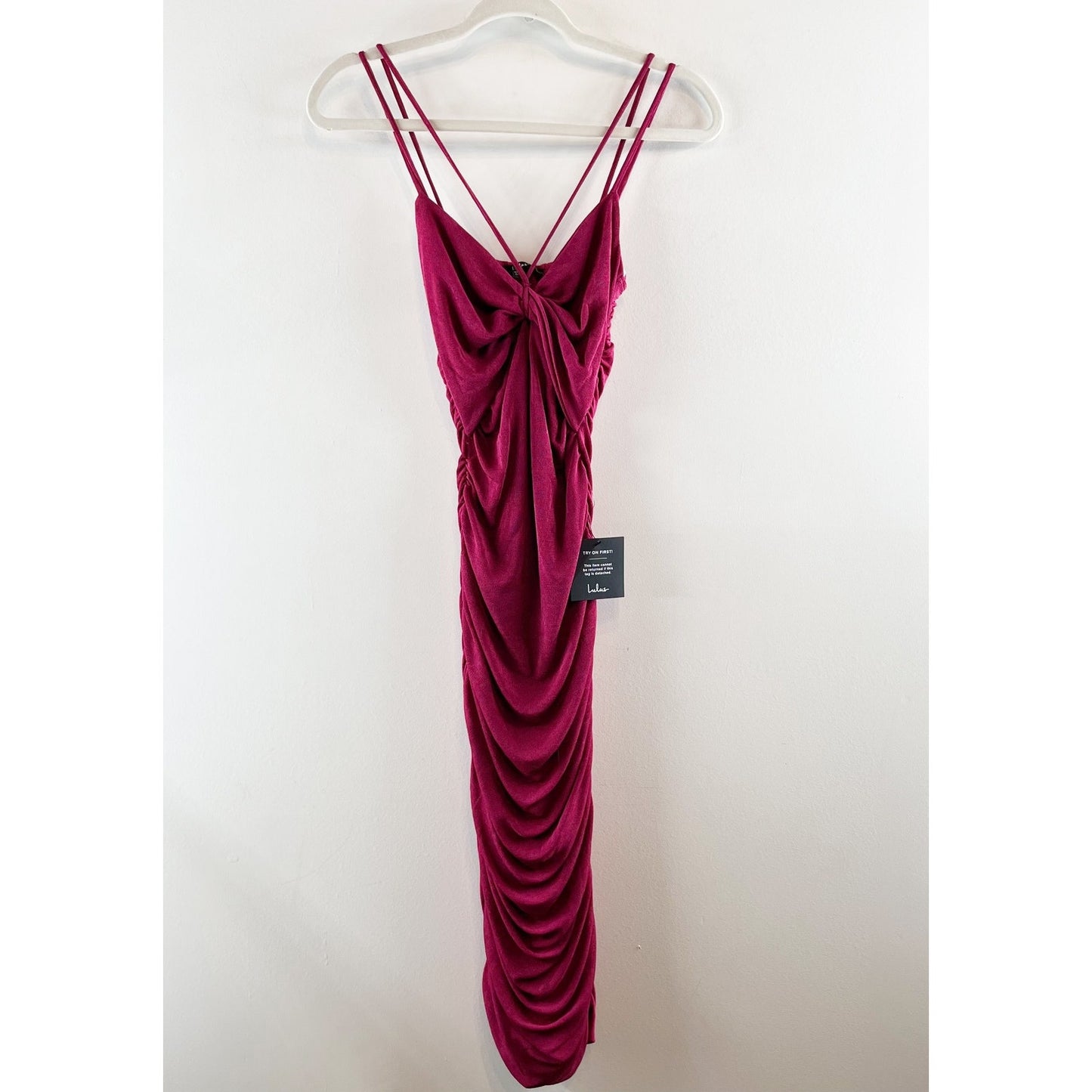 Lulus Such a Serve Ruched Strappy Bodycon Midi Dress Magenta Pink XS