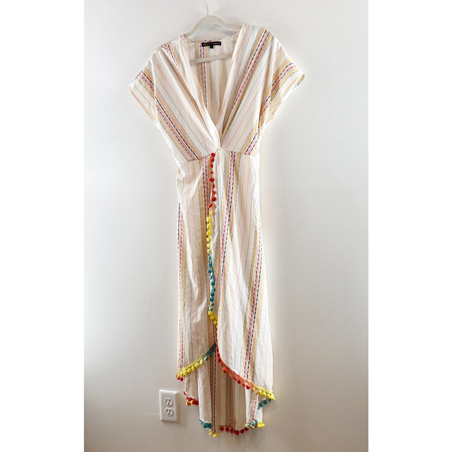 America & Beyond Short Sleeve Midi Striped Tassel Rainbow Cover Up White Small
