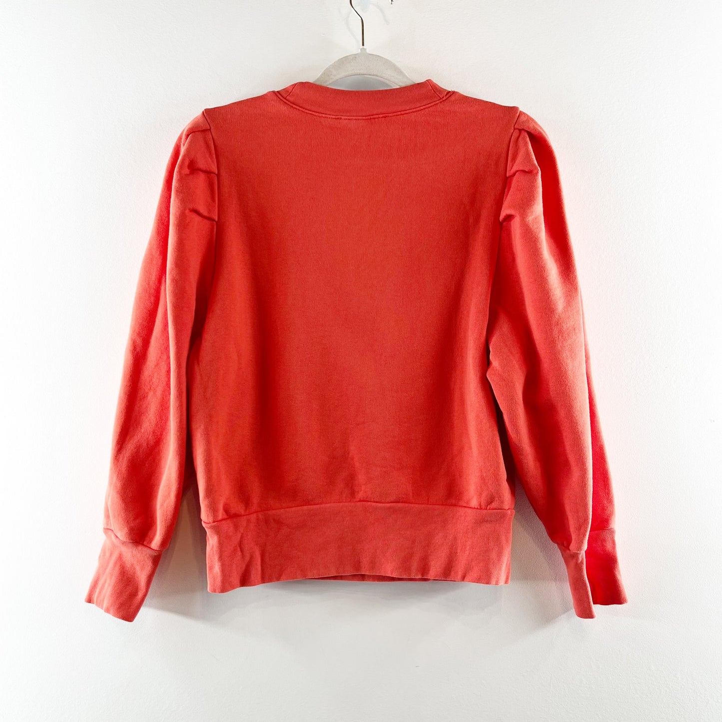 Frame Cotton Blend Shirred Puff Sleeve Crew Neck Pullover Sweatshirt Orange M