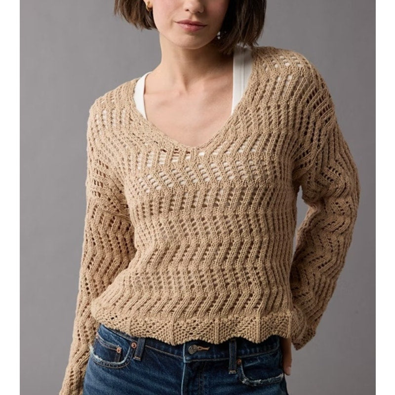 American Eagle V Neck Long Sleeve Crochet Crewneck Sweater Tan Beige Small