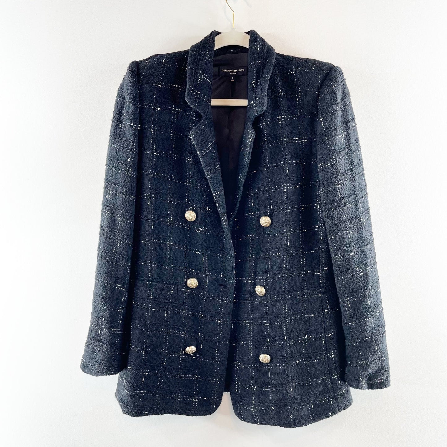 Generation Love Maverick Windowpane Tweed Blazer Jacket Black Small