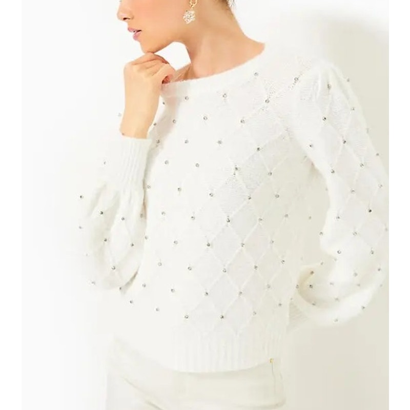 Lilly Pulitzer Veronita Long Sleeve Crewneck Embellished Sweater Cream Large