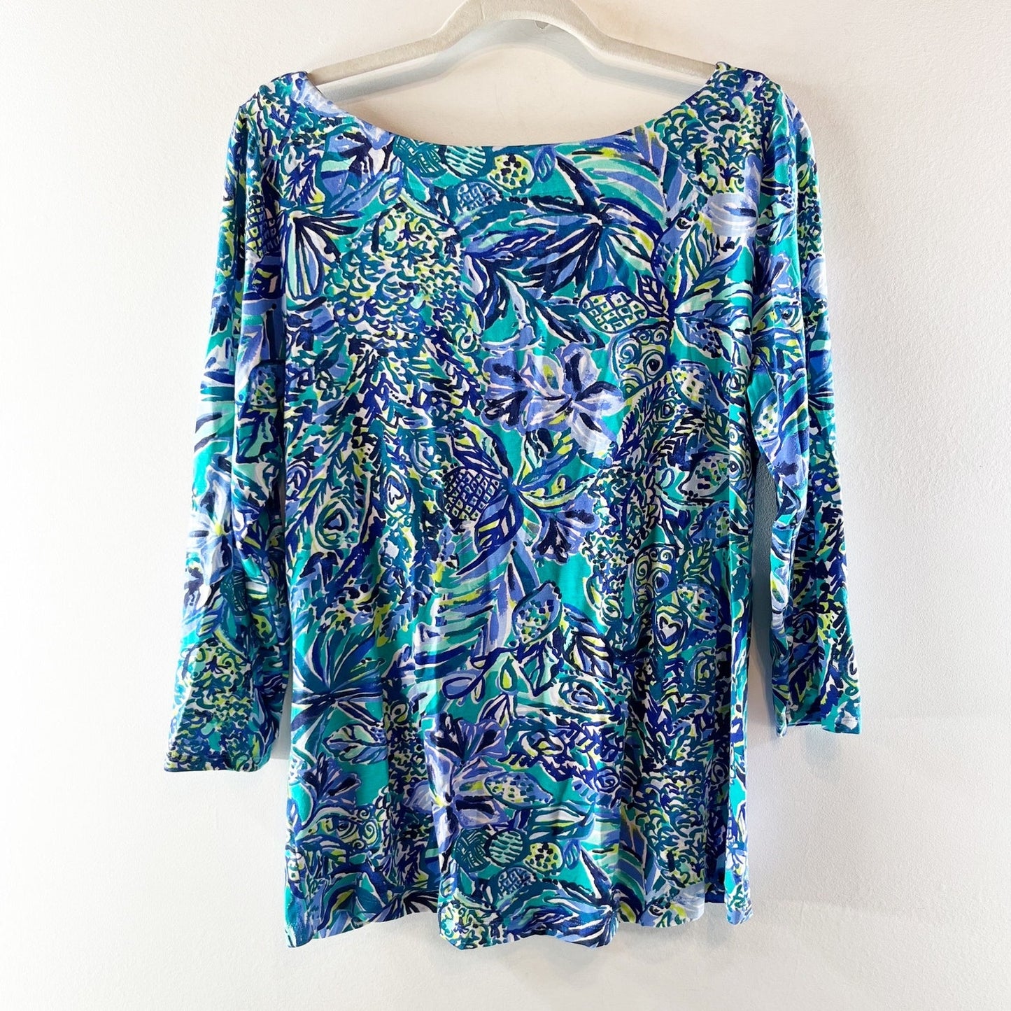 Lilly Pulitzer 3/4 Sleeve Printed Pima Cotton Tee Shirt Top Blue Large
