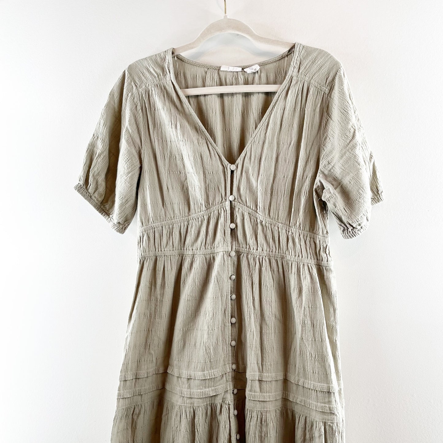 Lucky Brand Cotton Button Up Tiered Short Sleeve Maxi Dress Green Large