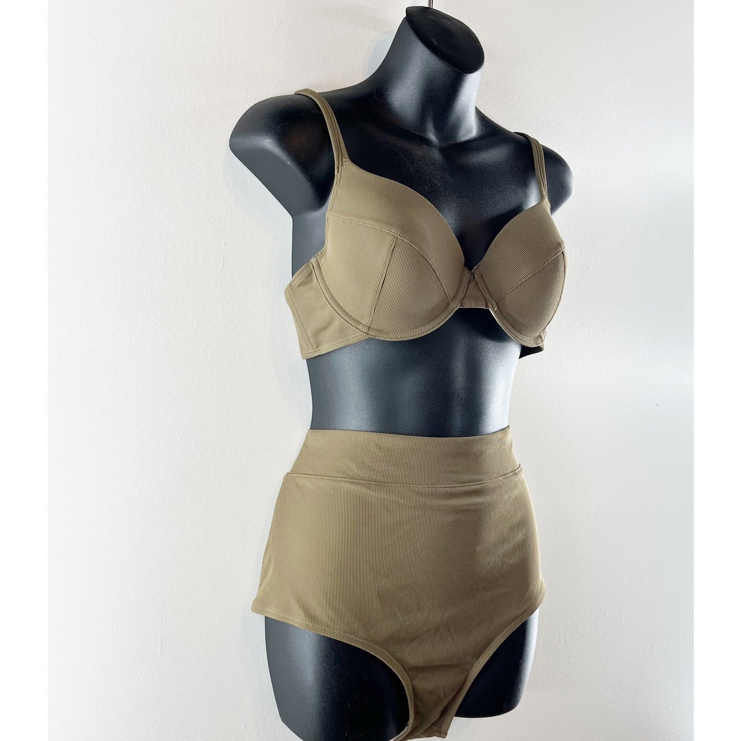 Mott50 Premium Swim 3D Ribbed Bikini Top & High Rise Bikini Bottom Set Olive XL