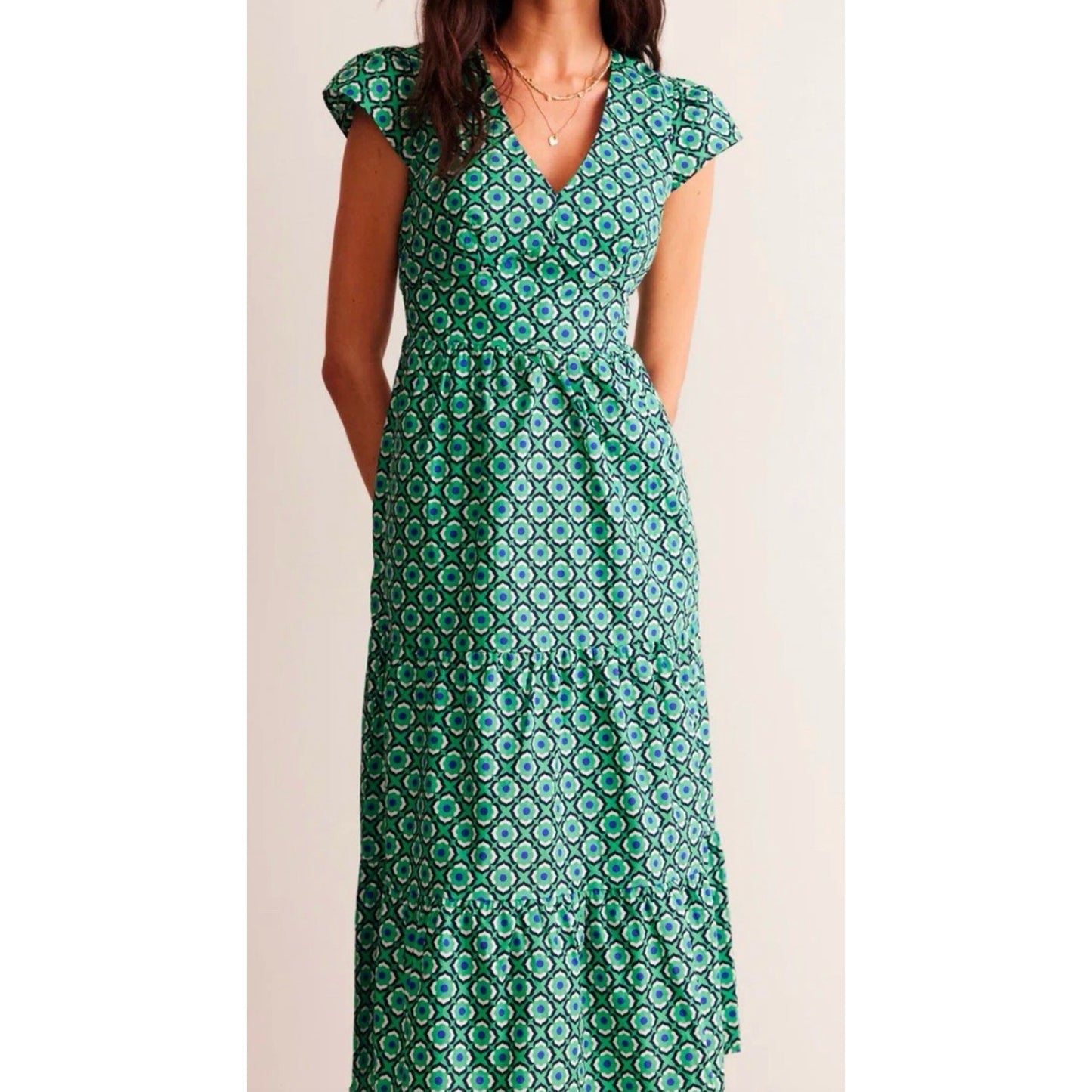 Boden May Tiered Short Ruffle Cap Sleeve Geo Print Poplin Midi Dress Green 4 P