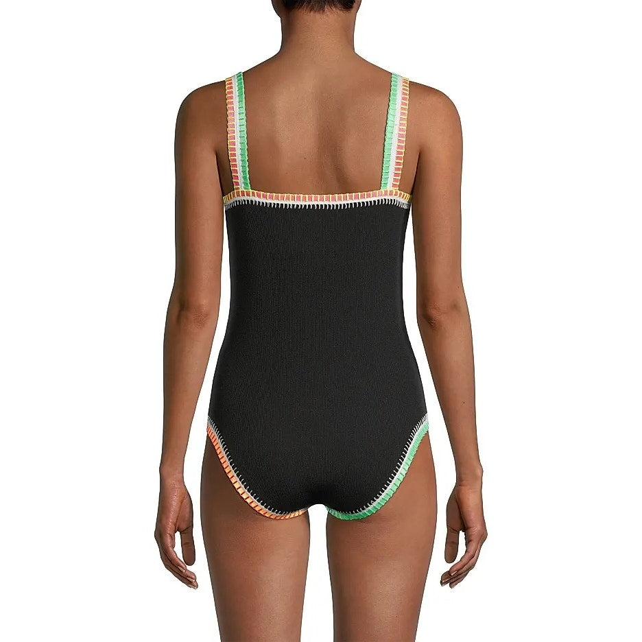 Platinum Swimwear Crochet Trim One Piece Swimsuit Black Large