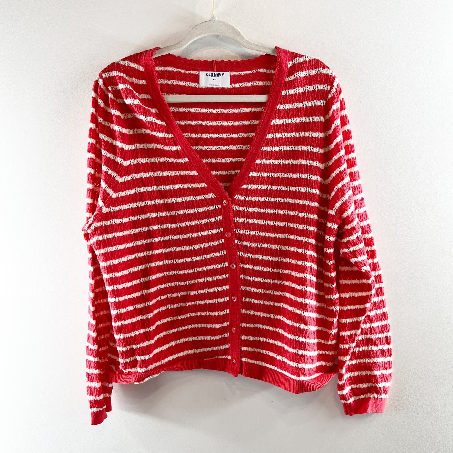 Old Navy So Soft Lite Striped V Neck Long Sleeve Cardigan Sweater Red White XXL