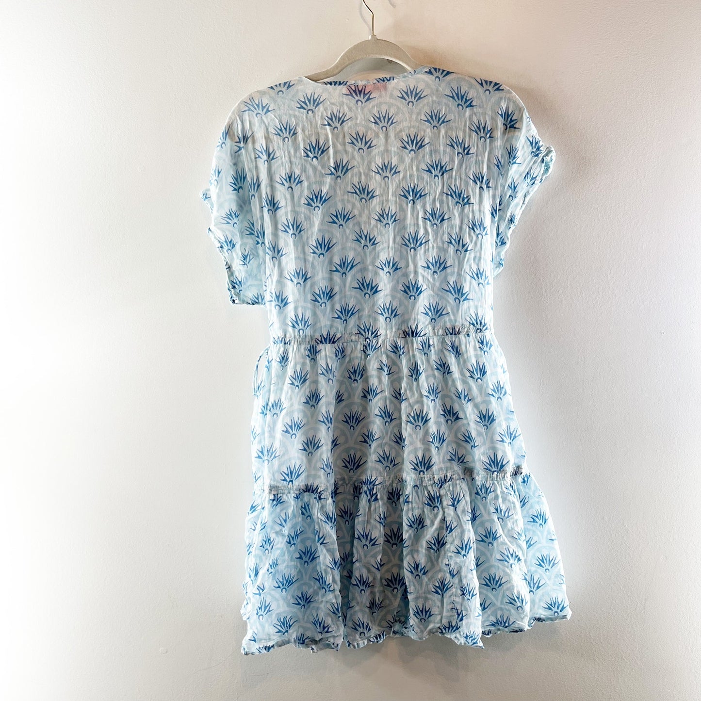 Oliphant Tuckernuck Cotton Printed Short Sleeve Cinch Waist Mini Dress Blue Med