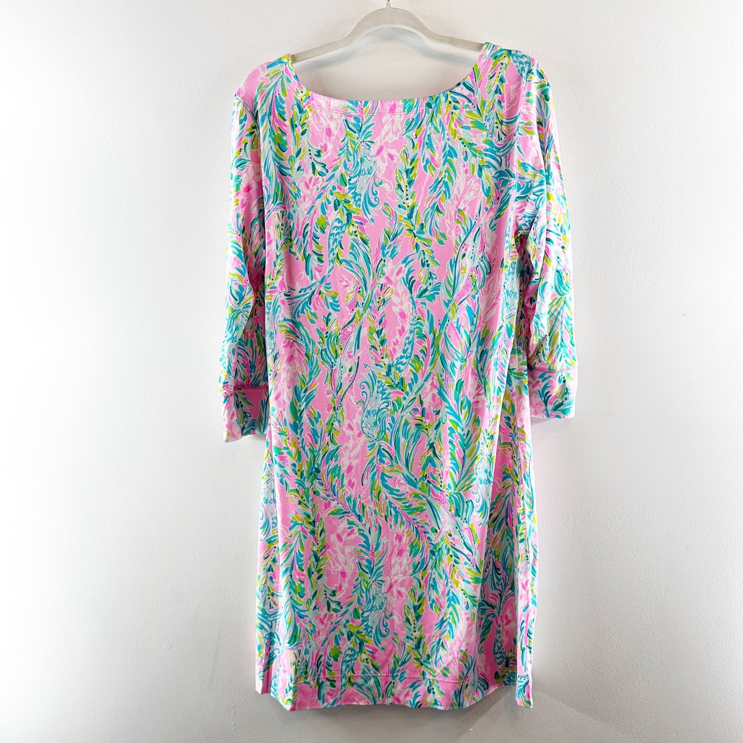 Lilly Pulitzer Sophie 50 UPF 3/4 Sleeve Shift Jersey Mini Dress Blue Pink XL