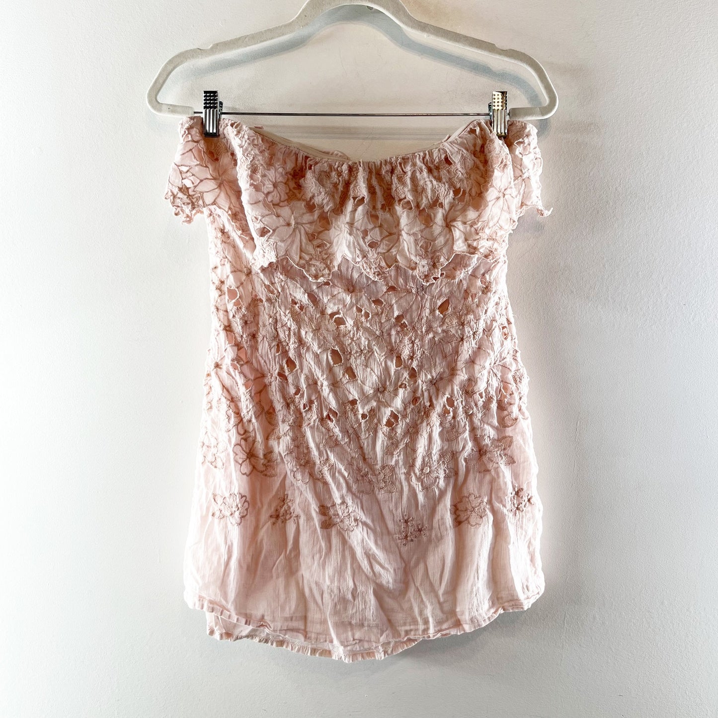 Free People Lace Strapless Ruffle Mini Dress Blush Pink 4
