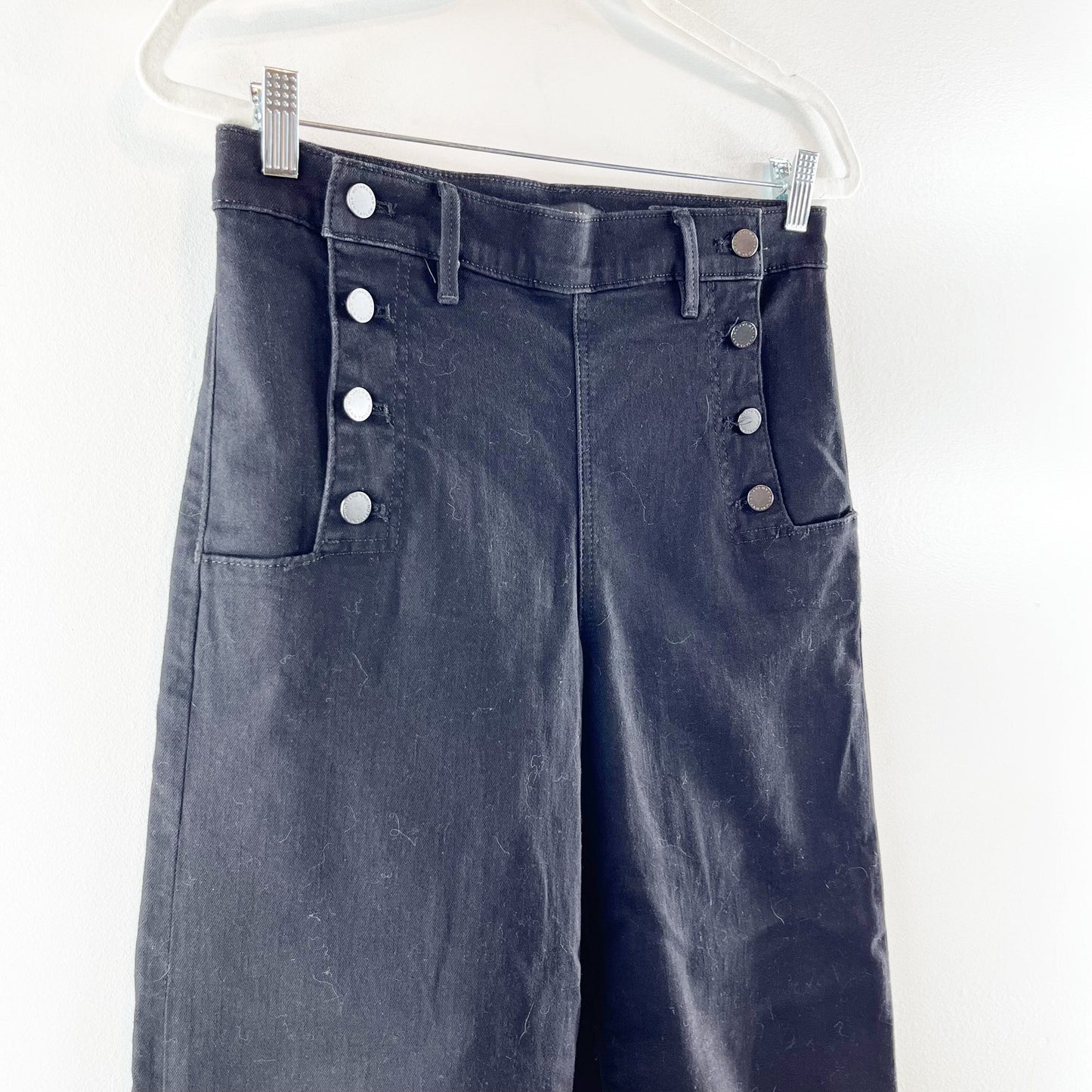 Ann Taylor High Rise Wide Leg Cropped Sailor Button Detail Jeans Black 6