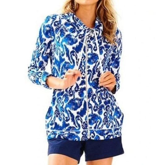 Lilly Pulitzer Angela Long Sleeve Zip Up Hoodie Resort Navy Beach Bathers Small