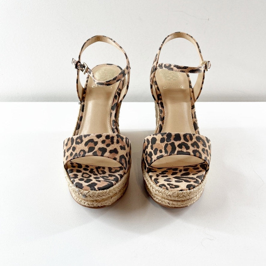 Vince Camuto Marybell Leopard Suede Platform Wedge Sandals Natural Beige 7